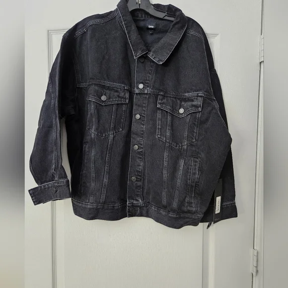 NWT Edwin By Anthropologie Alexa Irony Black Trucker Denim Jacket Sz L - Picture 2 of 7